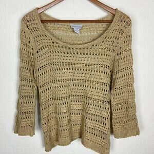 Soft Surroundings Crochet Knit Sweater Size M Beige Tan Openwork Roll‎ Neck